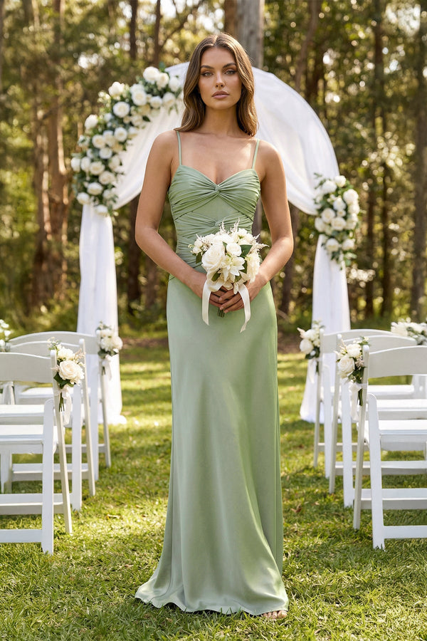 Cami Strap Pleated Sheath Satin Bridesmaid Dress in Dove Gray - SHE IS ME Bridesmaid Dresses