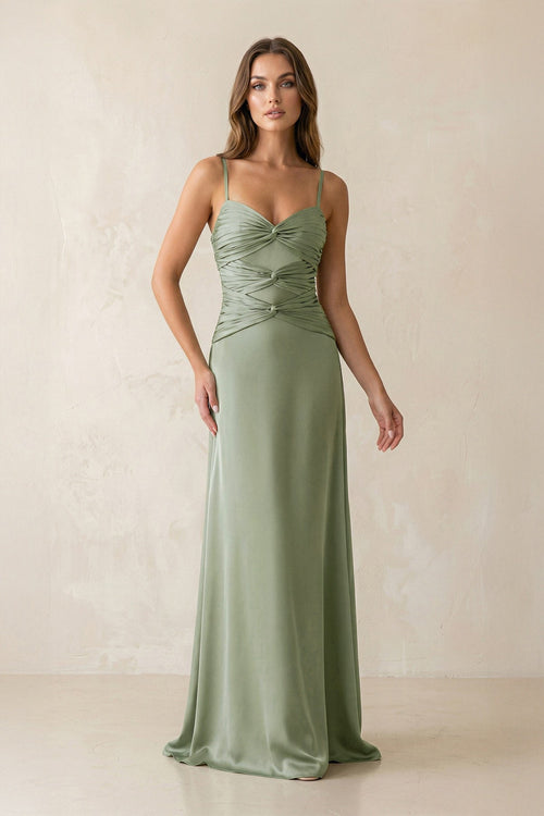 Cami Strap Pleated Sheath Satin Bridesmaid Dress in Dove Gray - SHE IS ME Bridesmaid Dresses