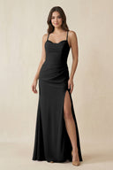 Cami Strap Sheath Chiffon Bridesmaid Dress with Slit in Black - SHE IS ME Bridesmaid Dresses