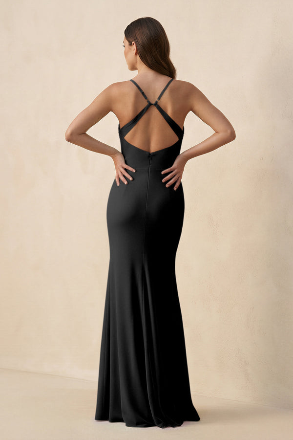 Cami Strap Sheath Chiffon Bridesmaid Dress with Slit in Black - SHE IS ME Bridesmaid Dresses