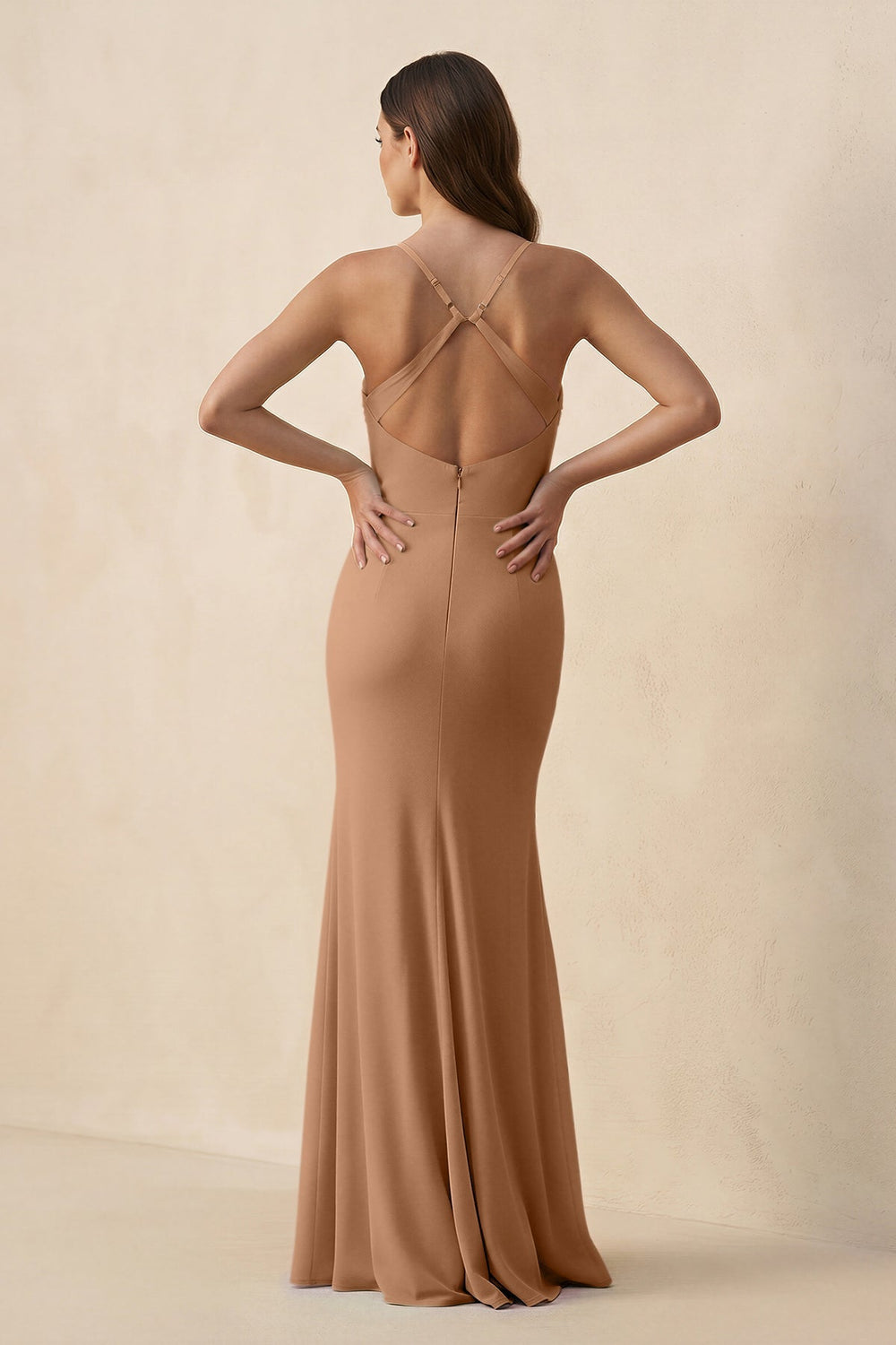 Cami Strap Sheath Chiffon Bridesmaid Dress with Slit in Bronzer - SHE IS ME Bridesmaid Dresses