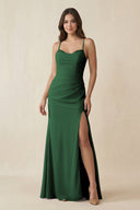 Cami Strap Sheath Chiffon Bridesmaid Dress with Slit in Dark Green - SHE IS ME Bridesmaid Dresses
