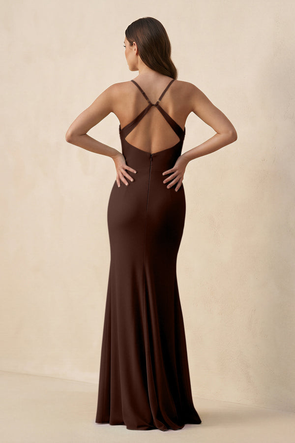 Cami Strap Sheath Chiffon Bridesmaid Dress with Slit in Espresso - SHE IS ME Bridesmaid Dresses