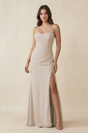 Cami Strap Sheath Chiffon Bridesmaid Dress with Slit in Frost - SHE IS ME Bridesmaid Dresses