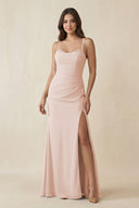 Cami Strap Sheath Chiffon Bridesmaid Dress with Slit in Pale Blush - SHE IS ME Bridesmaid Dresses