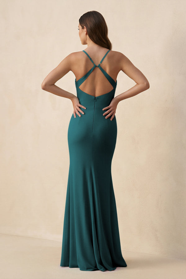 Cami Strap Sheath Chiffon Bridesmaid Dress with Slit in Pine - SHE IS ME Bridesmaid Dresses