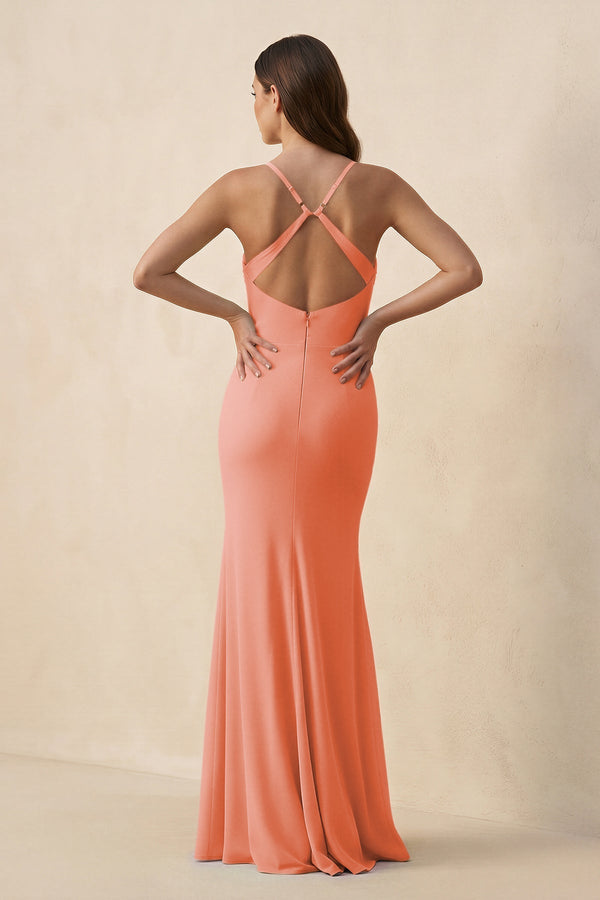 Cami Strap Sheath Chiffon Bridesmaid Dress with Slit in Rosette - SHE IS ME Bridesmaid Dresses