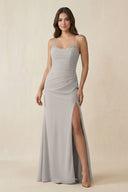 Cami Strap Sheath Chiffon Bridesmaid Dress with Slit in Silver - SHE IS ME Bridesmaid Dresses