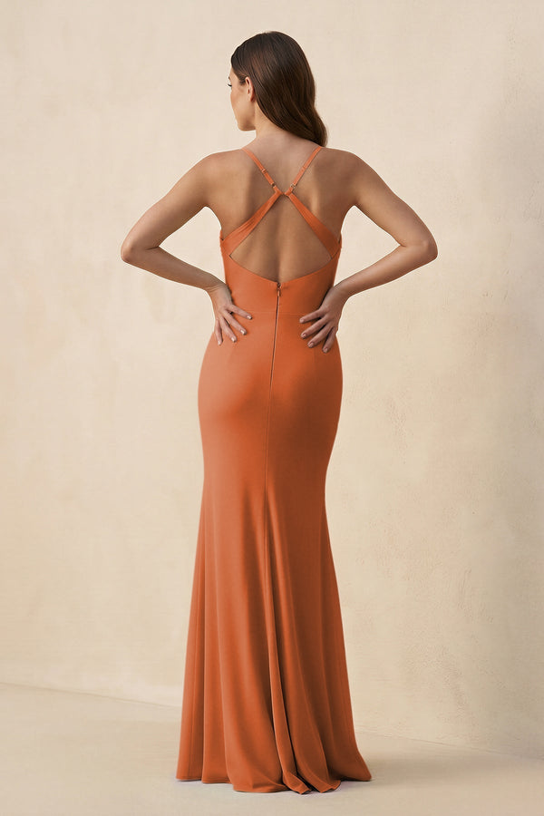Cami Strap Sheath Chiffon Bridesmaid Dress with Slit in Terracotta - SHE IS ME Bridesmaid Dresses