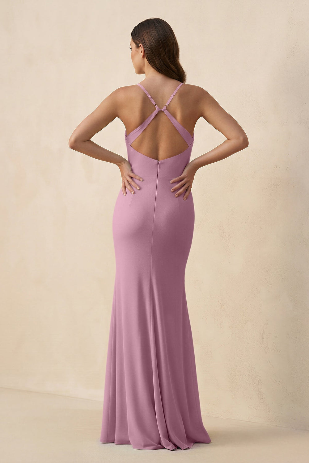 Cami Strap Sheath Chiffon Bridesmaid Dress with Slit in Vintage Mauve - SHE IS ME Bridesmaid Dresses