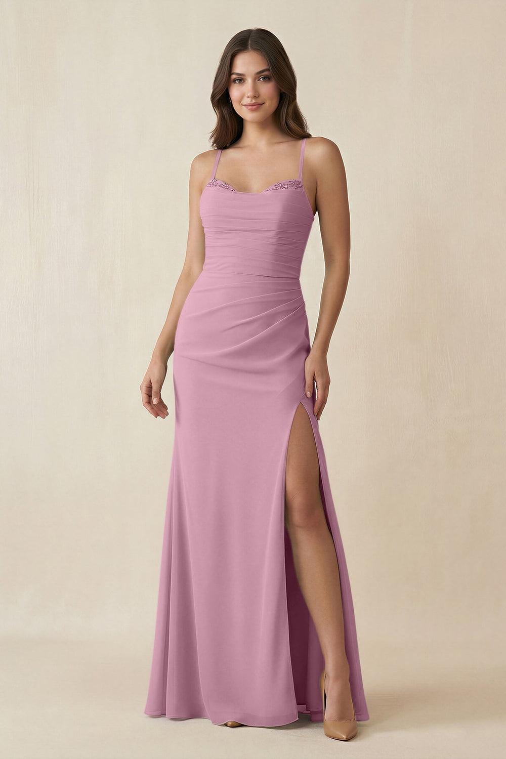 Cami Strap Sheath Chiffon Bridesmaid Dress with Slit in Vintage Mauve - SHE IS ME Bridesmaid Dresses