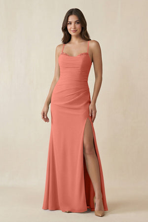 Cami Strap Sheath Chiffon Bridesmaid Dress with Slit in Wild Rose - SHE IS ME Bridesmaid Dresses