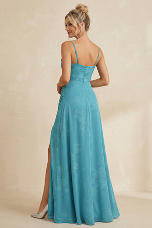 Cami Strap Sheath Floral Chiffon Bridesmaid Dress With Slit in Adriatic Blue - SHE IS ME Bridesmaid Dresses