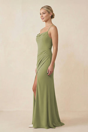 Cami Strap Sheath Ruched Bridesmaid Dress With Slit - SHE IS ME Bridesmaid Dresses