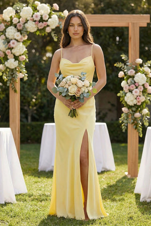 Cami Strap Sheath Satin Bridesmaid Dress With Slit in Pastel Yellow - SHE IS ME Bridesmaid Dresses