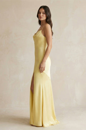 Cami Strap Sheath Satin Bridesmaid Dress With Slit in Pastel Yellow - SHE IS ME Bridesmaid Dresses