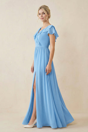 Cap Sleeve A-Line Ruffled Chiffon Bridesmaid Dress in Steel Blue - SHE IS ME BRIDESMAID DRESSES