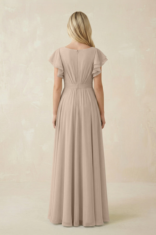 Cap Sleeve Ruffled A - Line Chiffon Bridesmaid Dress in Almond - SHE IS ME Bridesmaid Dresses