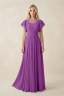 Cap Sleeve Ruffled A - Line Chiffon Bridesmaid Dress in Amethyst - SHE IS ME Bridesmaid Dresses
