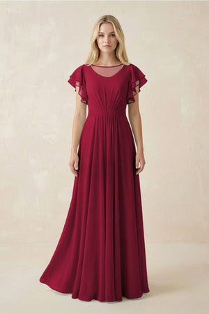 Cap Sleeve Ruffled A - Line Chiffon Bridesmaid Dress in Berry - SHE IS ME Bridesmaid Dresses