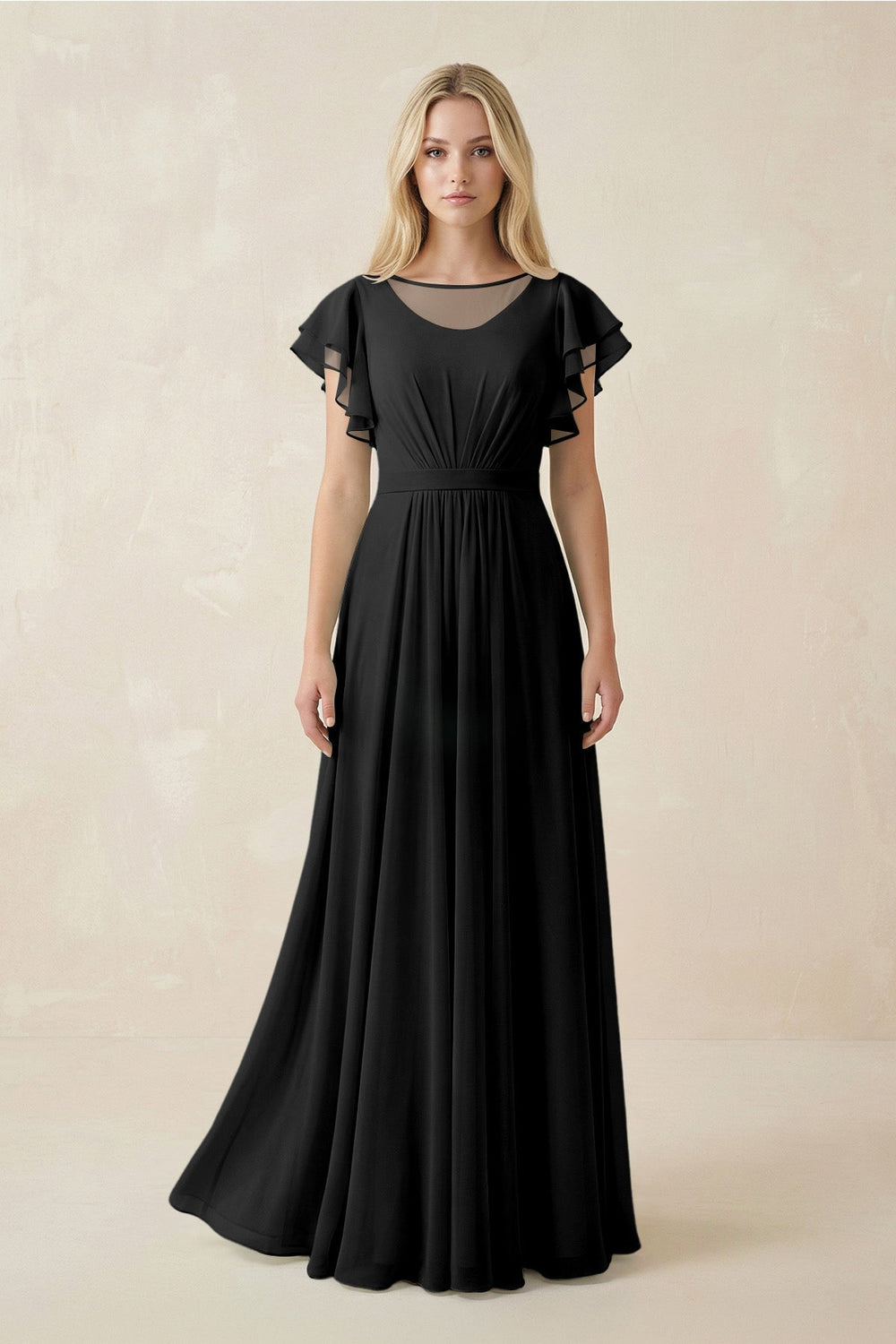 Cap Sleeve Ruffled A - Line Chiffon Bridesmaid Dress in Black - SHE IS ME Bridesmaid Dresses