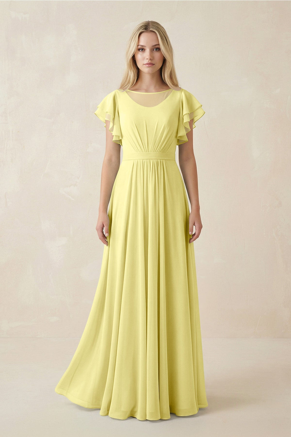Cap Sleeve Ruffled A - Line Chiffon Bridesmaid Dress in Buttercup - SHE IS ME Bridesmaid Dresses