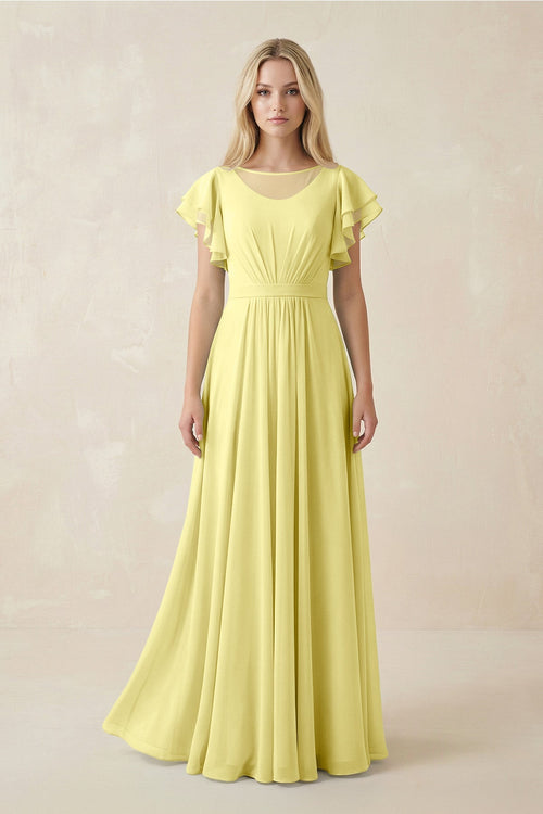 Cap Sleeve Ruffled A - Line Chiffon Bridesmaid Dress in Buttercup - SHE IS ME Bridesmaid Dresses