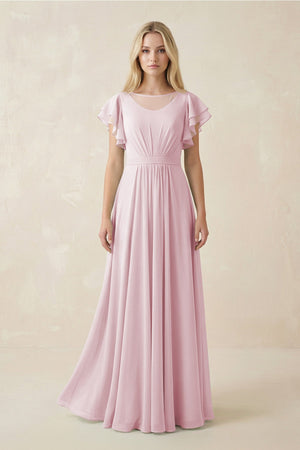 Cap Sleeve Ruffled A - Line Chiffon Bridesmaid Dress in Candy Pink - SHE IS ME Bridesmaid Dresses