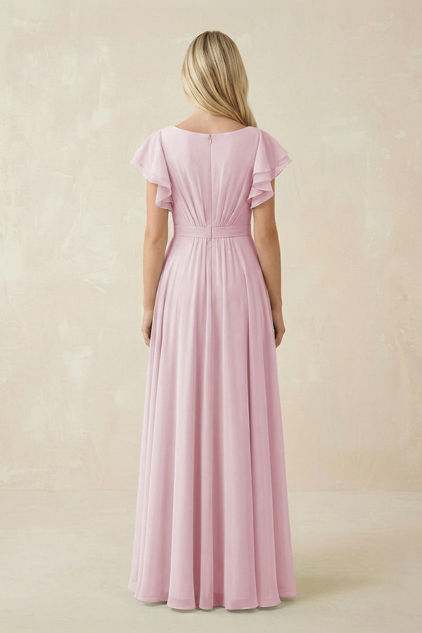 Cap Sleeve Ruffled A - Line Chiffon Bridesmaid Dress in Candy Pink - SHE IS ME Bridesmaid Dresses