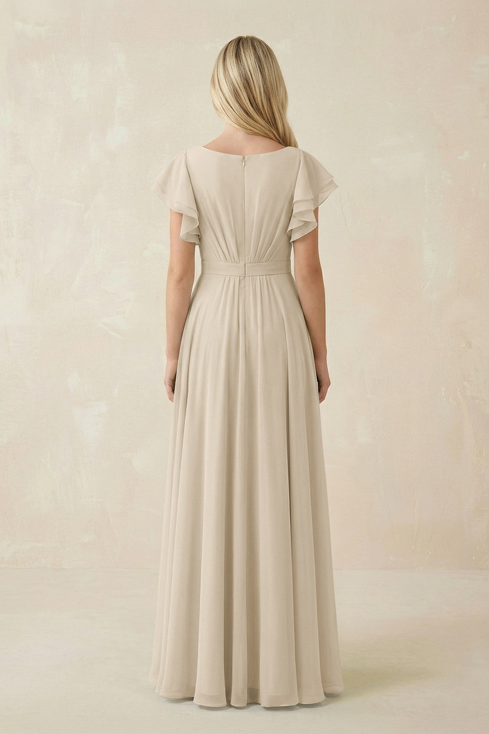 Cap Sleeve Ruffled A - Line Chiffon Bridesmaid Dress in Champagne - SHE IS ME Bridesmaid Dresses