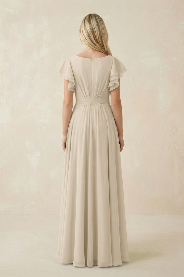 Cap Sleeve Ruffled A - Line Chiffon Bridesmaid Dress in Champagne - SHE IS ME Bridesmaid Dresses
