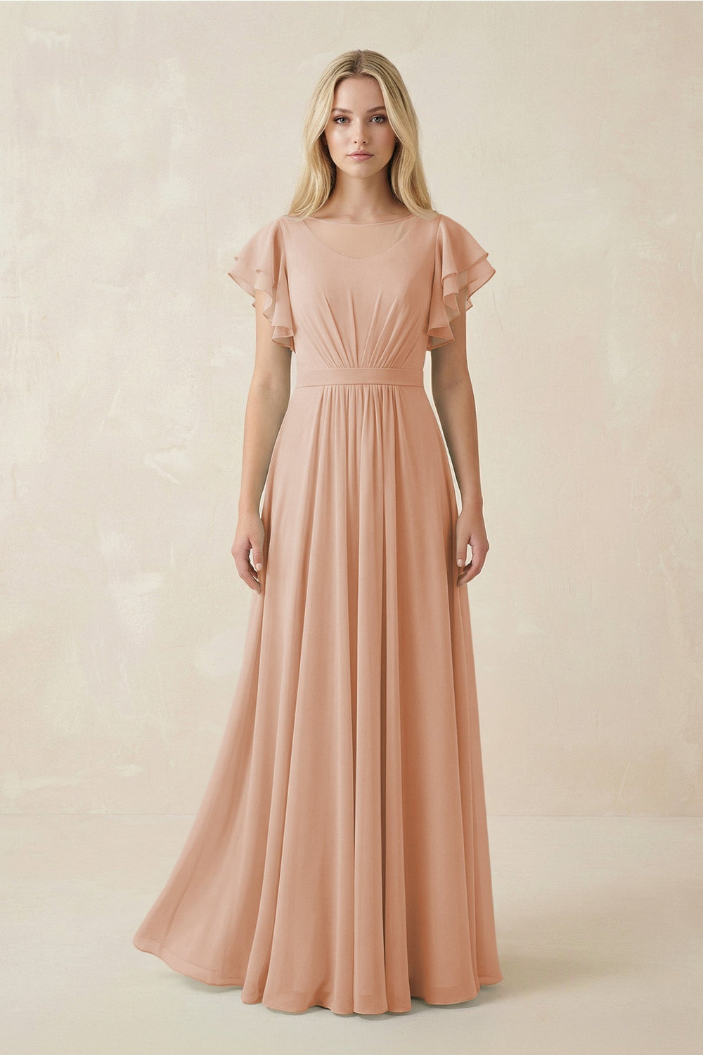 Cap Sleeve Ruffled A - Line Chiffon Bridesmaid Dress in Champagne Rose - SHE IS ME Bridesmaid Dresses