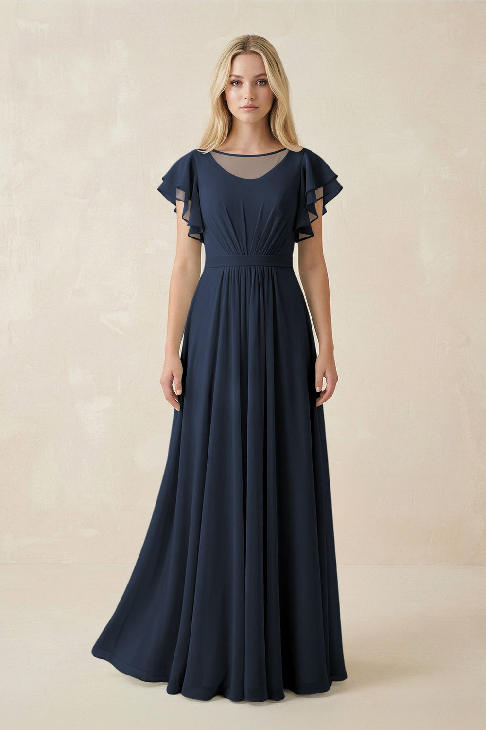 Cap Sleeve Ruffled A - Line Chiffon Bridesmaid Dress in Dark Navy - SHE IS ME Bridesmaid Dresses