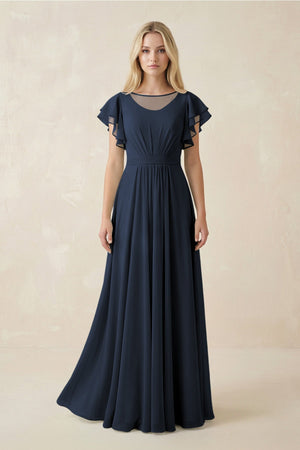 Cap Sleeve Ruffled A - Line Chiffon Bridesmaid Dress in Dark Navy - SHE IS ME Bridesmaid Dresses