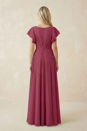 Cap Sleeve Ruffled A - Line Chiffon Bridesmaid Dress in Desert Rose - SHE IS ME Bridesmaid Dresses