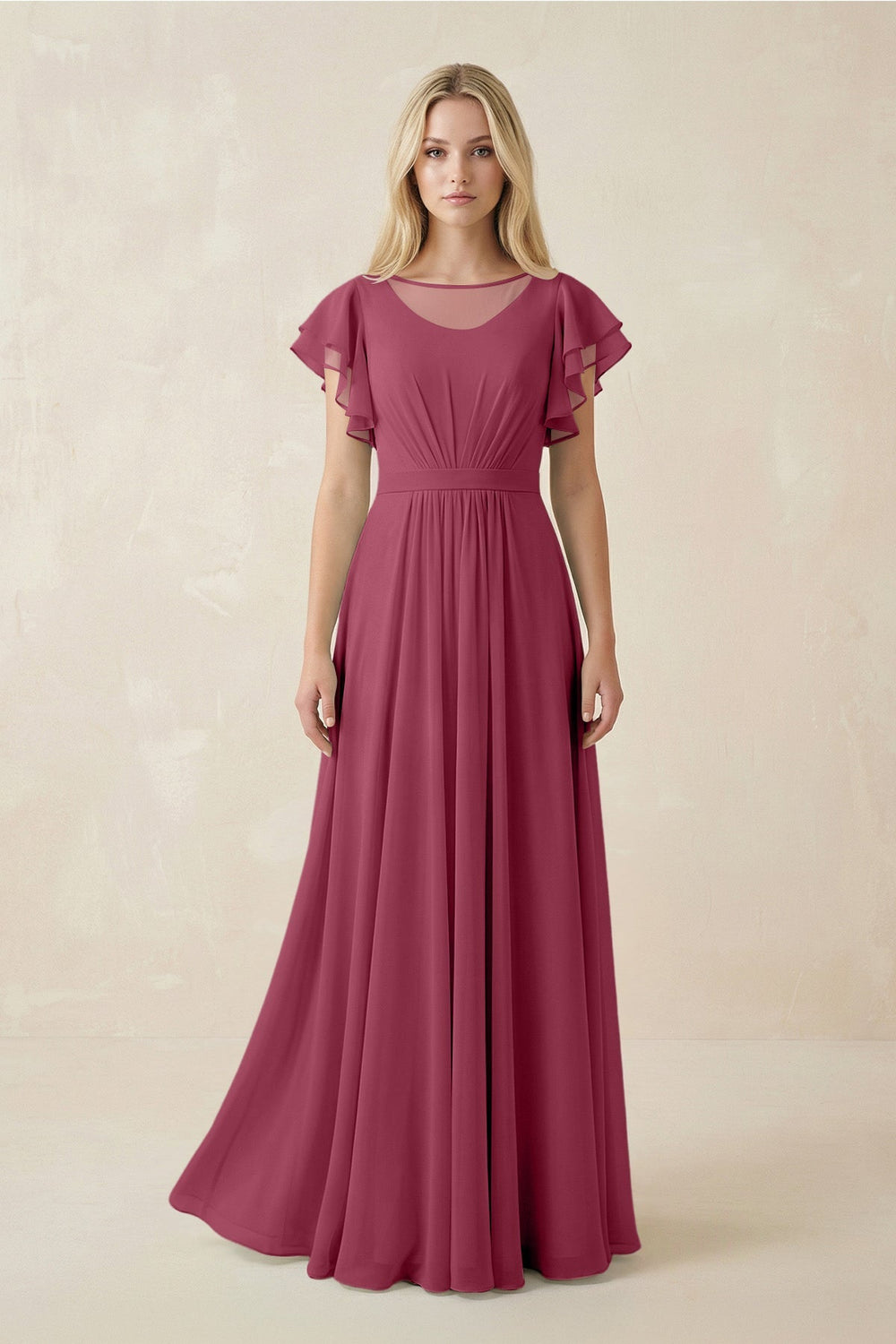 Cap Sleeve Ruffled A - Line Chiffon Bridesmaid Dress in Desert Rose - SHE IS ME Bridesmaid Dresses