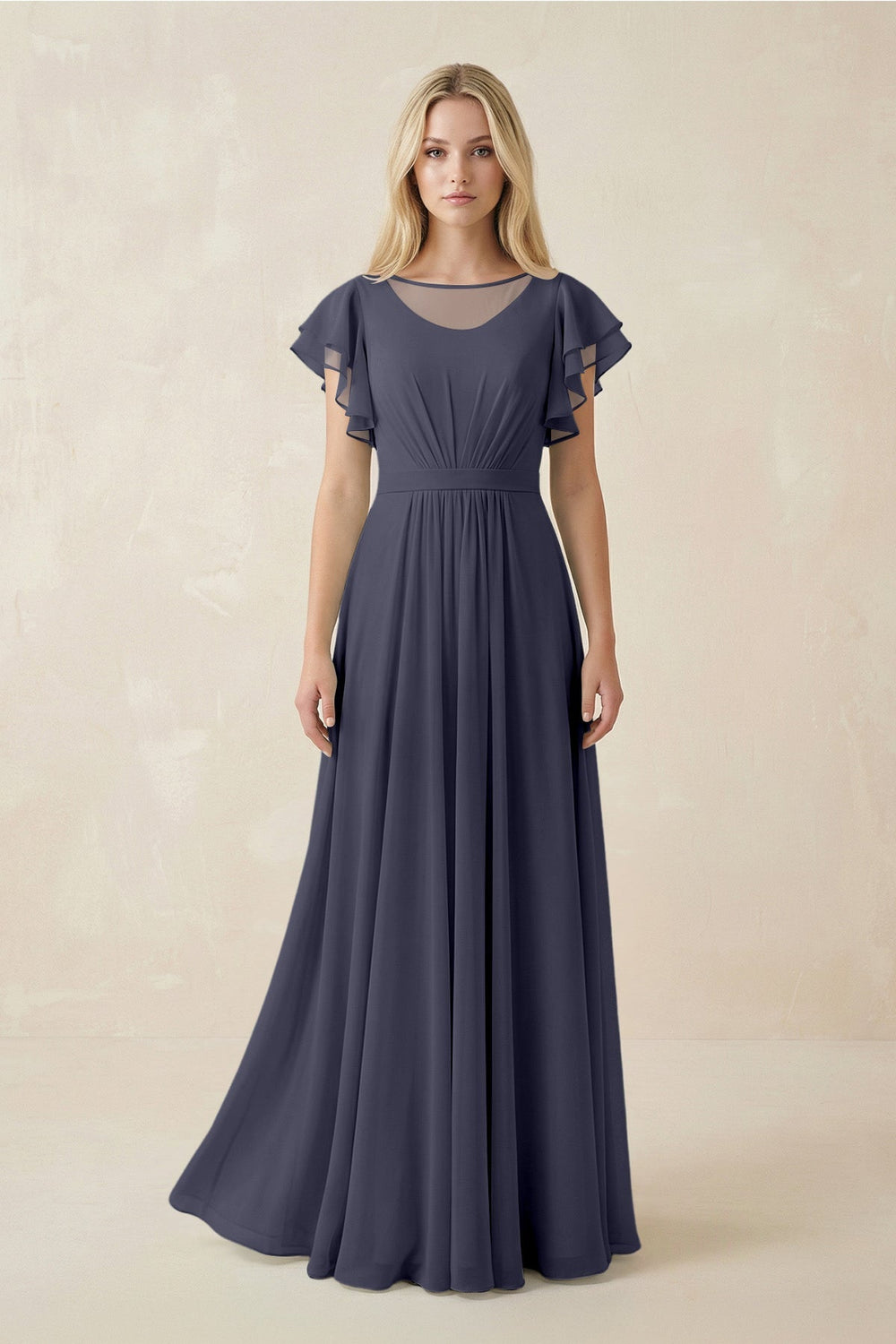 Cap Sleeve Ruffled A - Line Chiffon Bridesmaid Dress in Dusk Blue - SHE IS ME Bridesmaid Dresses