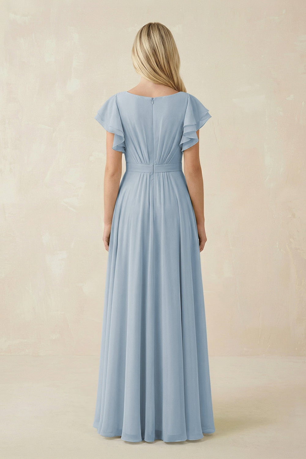 Cap Sleeve Ruffled A - Line Chiffon Bridesmaid Dress in Dusty Blue - SHE IS ME Bridesmaid Dresses