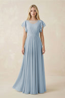 Cap Sleeve Ruffled A - Line Chiffon Bridesmaid Dress in Dusty Blue - SHE IS ME Bridesmaid Dresses