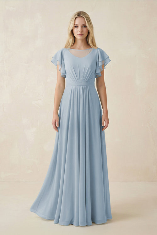 Cap Sleeve Ruffled A - Line Chiffon Bridesmaid Dress in Dusty Blue - SHE IS ME Bridesmaid Dresses