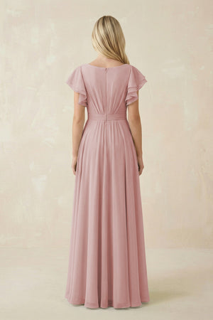 Cap Sleeve Ruffled A - Line Chiffon Bridesmaid Dress in Dusty Rose - SHE IS ME Bridesmaid Dresses