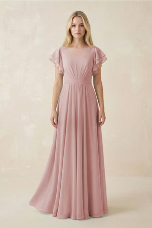 Cap Sleeve Ruffled A - Line Chiffon Bridesmaid Dress in Dusty Rose - SHE IS ME Bridesmaid Dresses