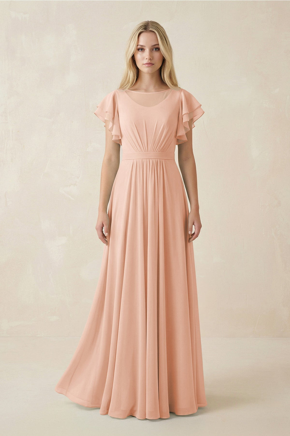Cap Sleeve Ruffled A - Line Chiffon Bridesmaid Dress in English Rose - SHE IS ME Bridesmaid Dresses