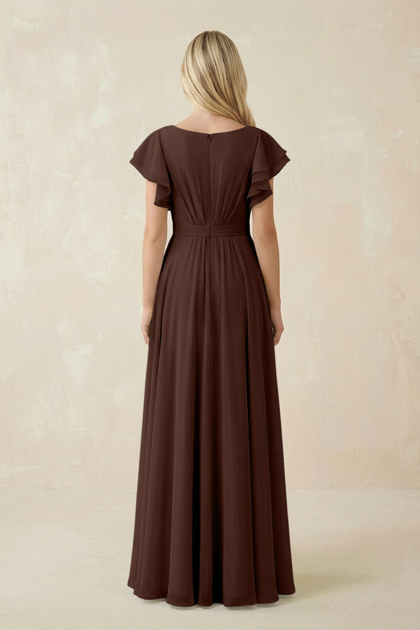 Cap Sleeve Ruffled A - Line Chiffon Bridesmaid Dress in Espresso - SHE IS ME Bridesmaid Dresses