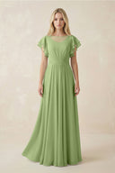 Cap Sleeve Ruffled A - Line Chiffon Bridesmaid Dress in Matcha - SHE IS ME Bridesmaid Dresses