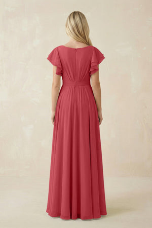 Cap Sleeve Ruffled A - Line Chiffon Bridesmaid Dress in Merlot - SHE IS ME Bridesmaid Dresses