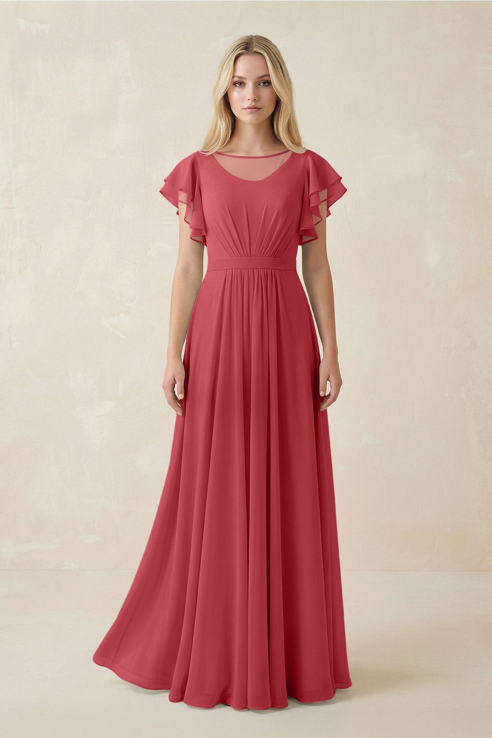 Cap Sleeve Ruffled A - Line Chiffon Bridesmaid Dress in Merlot - SHE IS ME Bridesmaid Dresses