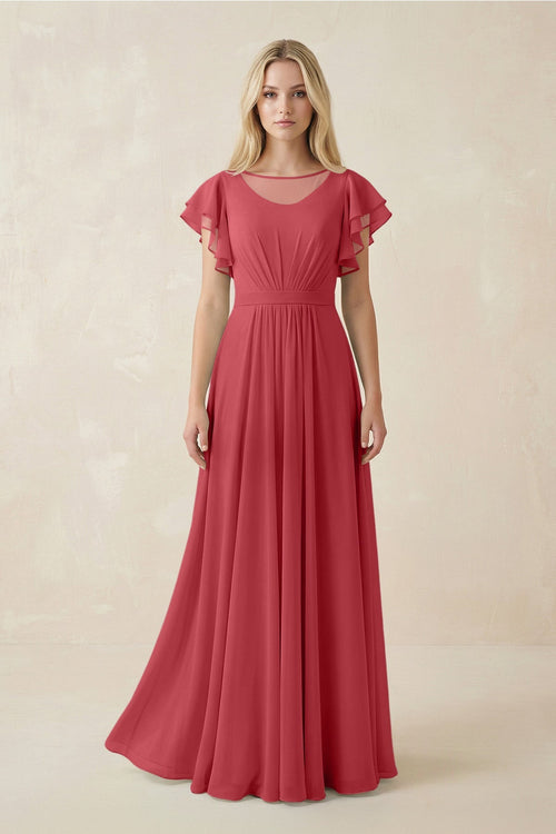 Cap Sleeve Ruffled A - Line Chiffon Bridesmaid Dress in Merlot - SHE IS ME Bridesmaid Dresses
