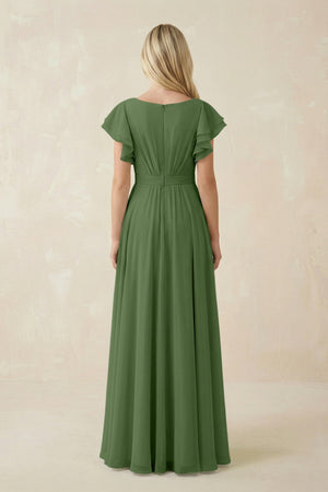 Cap Sleeve Ruffled A - Line Chiffon Bridesmaid Dress in Moss - SHE IS ME Bridesmaid Dresses