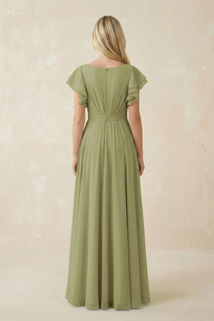 Cap Sleeve Ruffled A - Line Chiffon Bridesmaid Dress in Moss Green - SHE IS ME Bridesmaid Dresses